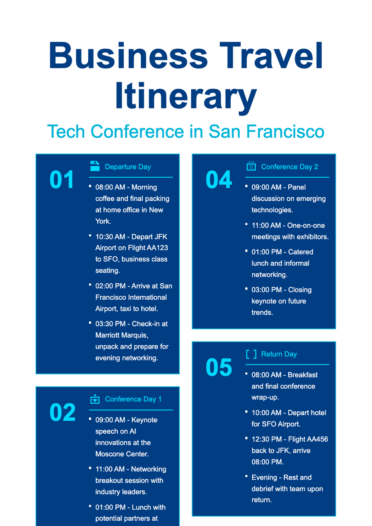 Business travel itinerary with daily schedule and icons_variant_3